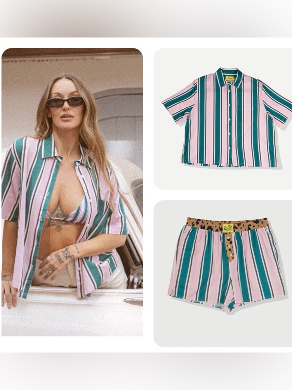 Duvin Cabana Pink & Green Stripe Crop Button Shirt + Boxer Shorts Medium Leopard